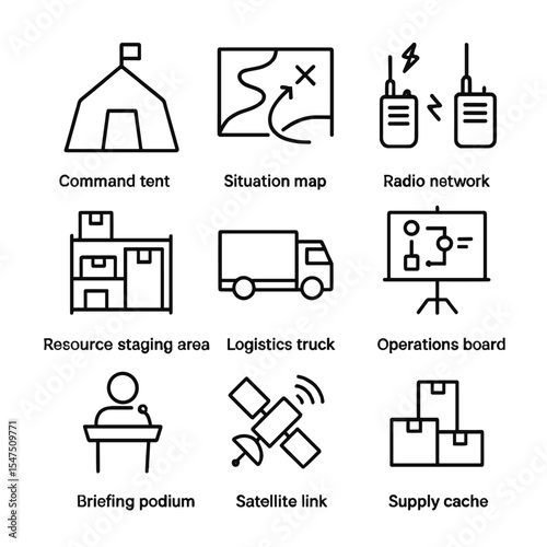 Disaster Management Icons. Outline icon set of disaster management coordination: incident command tent, situation map, radio