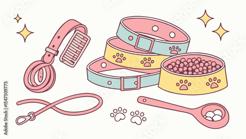 Cute Pastel Pet Supplies Flat Lay Collars Leash Food Bowl Scoop and Paw Prints for Dog and Cat Care