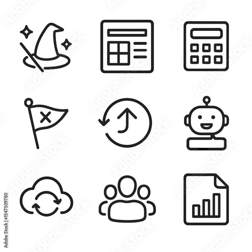 Tax Software Icons. Outline icon set of tax software tools: data import wizard, form builder, calculation engine, error check flag