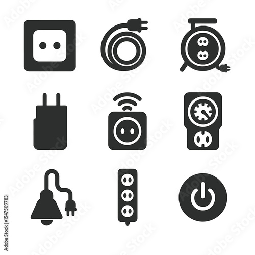 Home Electrical Icons. Solid, filled icons set of home electrical setup: wall socket, coiled extension, home