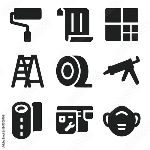 Home Renovation Icons. Solid, filled icons set of home renovation: painting roller, wallpaper, floor tile,