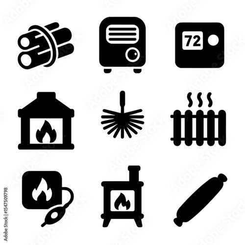Home Heating Icons. Solid, filled icons set of home heating needs: firewood bundle, space heater, thermostat,