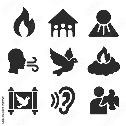 Holy Spirit Icons. Solid, filled icons set of Holy Spirit in healing acts: spirit flame, upper room, light