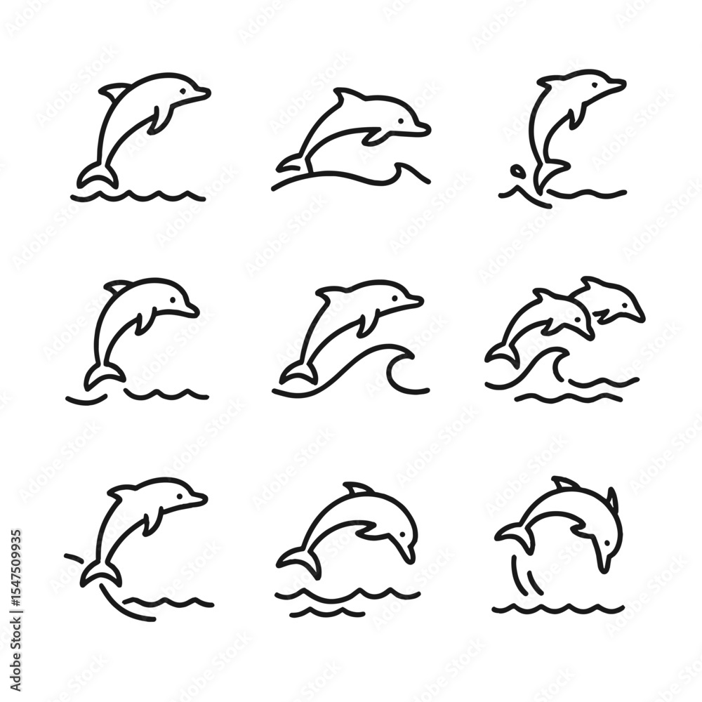 Obraz premium Dolphin Jump Icon Set. Outline icon set of dolphin jump behaviors: breach jump, porpoising run, tail-slap exit, spin leap, bow