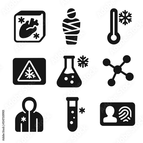 Human Preservation Icons. Solid, filled icons set of human preservation science: organ freeze, body wrap,