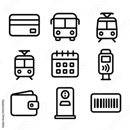 Transit Icons Set. Outline icon set of monthly transit passes: transit card, bus icon, metro train, tram silhouette, ticket