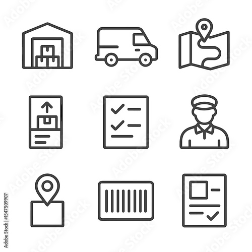 Distribution Flowchart Icons. Outline icon set of distribution flowchart: distribution center, delivery van, route map, dispatch