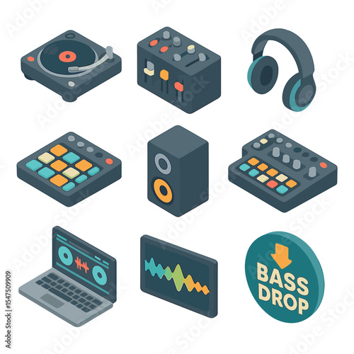 DJ Equipment Icons. Isometric Flat icon set of DJ and Electronic Music: DJ turntable, mixer, headphones, synthesizer pad,