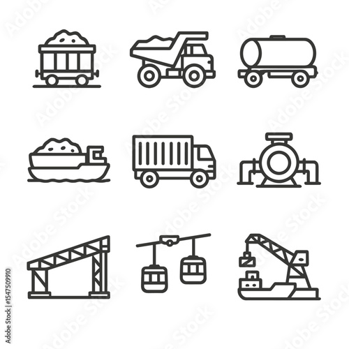 Transport Icons Grid. Outline icon set of transportation modes: ore train, haul truck, road tanker, barge, container truck,
