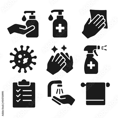 Hygiene Icons Grid. Solid, filled icons set of hygiene and sanitizing tasks: hand soap, sanitizer bottle,