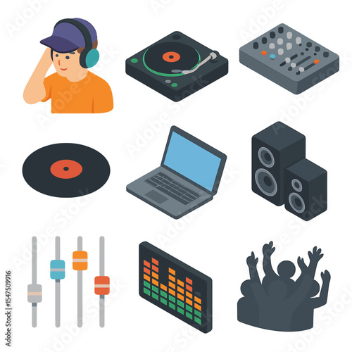 DJ Icon Set. Isometric Flat icon set of DJ teen performance: teen with headphones, DJ turntable, mixer, vinyl record, laptop,