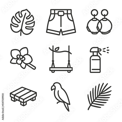 Tropical Rainforest Icons. Outline icon set of tropical rainforest editorials: monstera leaf, high-waist shorts, bamboo jewelry,