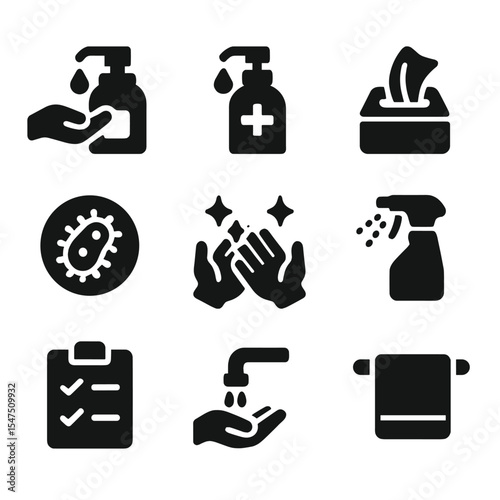 Hygiene Icons Grid. Solid, filled icons set of hygiene and sanitizing tasks: hand soap, sanitizer bottle,
