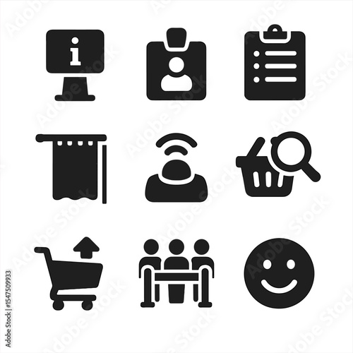 In-Store Assistance Icons. Solid, filled icons set of in-store assistance services: info kiosk, staff badge,