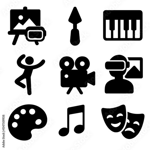 Immersive Arts Icons. Solid, filled icons set of immersive arts education: virtual easel, sculpture tool,