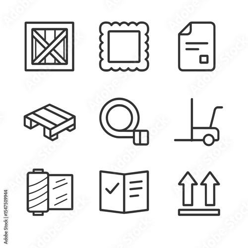 Transport Packaging Icons. Outline icon set of transport and packaging: crate box, foam padding, shipping label, pallet, strapping