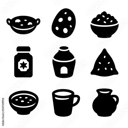 Indian Cuisine Icons. Solid, filled icons set of Indian cuisine: curry dish, naan bread, rice bowl, spice jar,