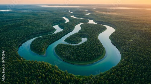 Serene Aerial View of a Winding River Through Lush Forests