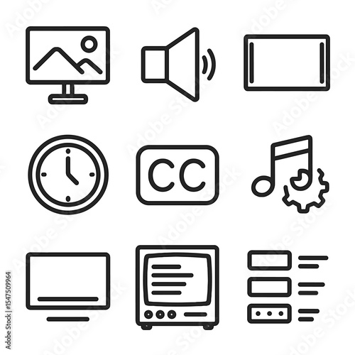 TV Function Icons Set. Outline icon set of advanced TV functions: picture mode, sound mode, aspect ratio, sleep timer, closed