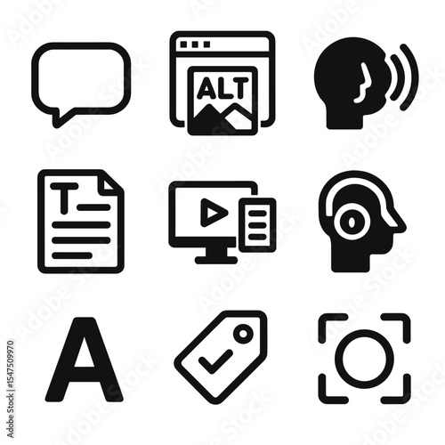 Inclusive Tools Icons. Solid, filled icons set of inclusive communication tools: message bubble, alt-enabled photo