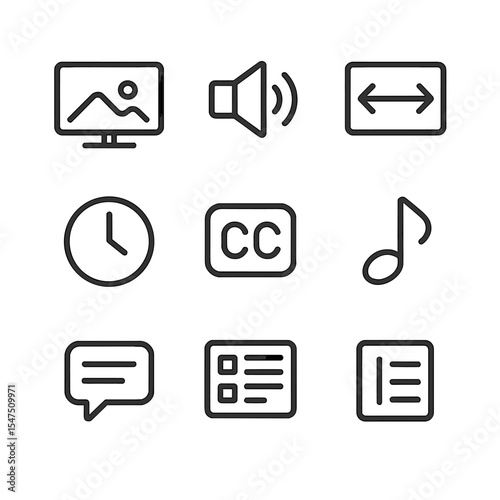 TV Function Icons Set. Outline icon set of advanced TV functions: picture mode, sound mode, aspect ratio, sleep timer, closed