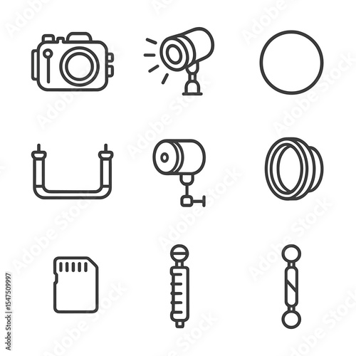 Underwater Photography Gear Icons. Outline icon set of underwater photography gear: waterproof camera housing, strobe light, red