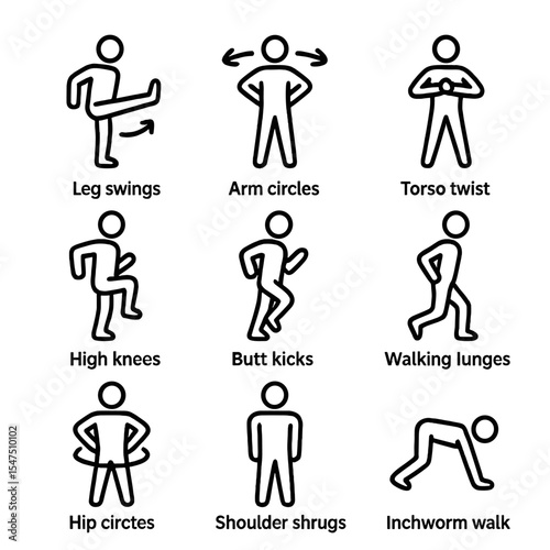 Dynamic Stretching Icon Set. Outline icon set of dynamic stretching exercises: leg swings, arm circles, torso twists, high knees,