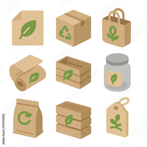 Eco Packaging Icons. Isometric Flat icon set of eco-themed packaging prints: kraft paper leaf, recyclable box, jute bag, seed