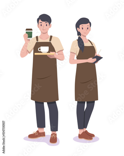 Flat style coffee barista couple cartoon illustration