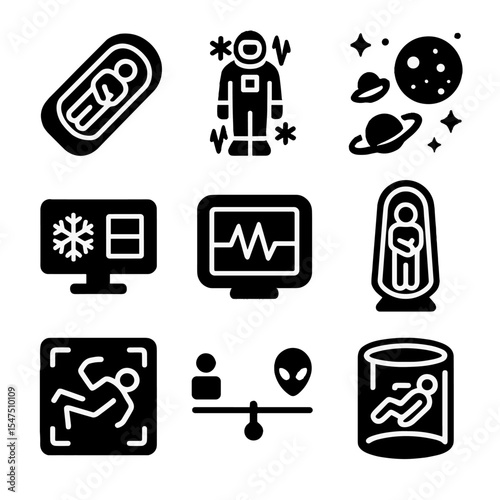 Interstellar Icons Collection. Solid, filled icons set of space and interstellar cryosleep: spaceship pod,