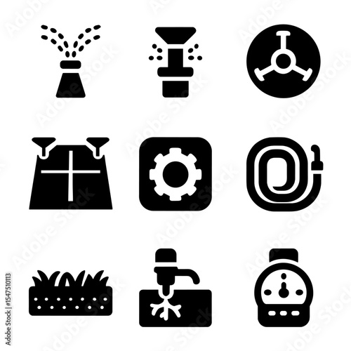 Irrigation Icons Grid. Solid, filled icons set of irrigation for gardens and lawns: spray head, pop-up