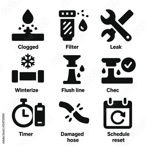 Irrigation System Icons. Solid, filled icons set of maintenance for irrigation systems: clogged emitter,