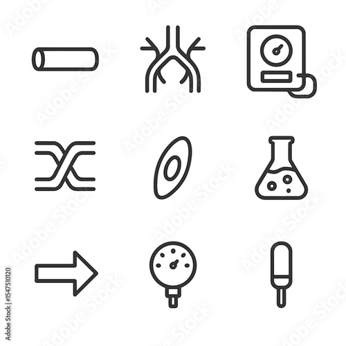 Vascular Network Icons. Outline icon set of vascularization network: capillary tube, branching vessel, perfusion pump,
