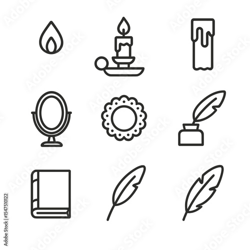 Vintage Candle Icon Set. Outline icon set of vintage candle holder: candle flame, brass holder, wax drip, table mirror, lace doily