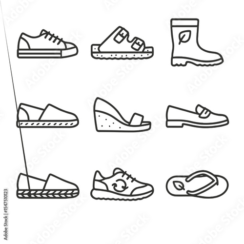 Eco Footwear Icons. Outline icon set of eco-friendly footwear: canvas sneaker, cork sole sandal, recycled rubber boot, hemp