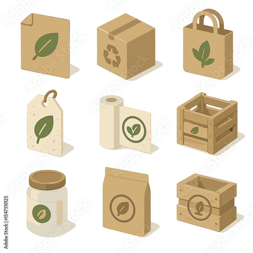 Eco Packaging Icons. Isometric Flat icon set of eco-themed packaging prints: kraft paper leaf, recyclable box, jute bag, seed