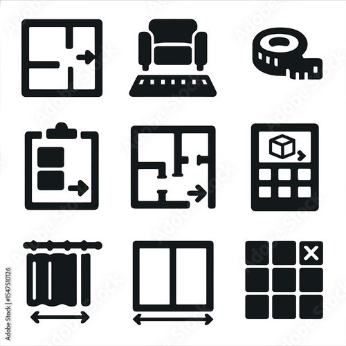 Interior Design Icons. Solid, filled icons set of interior design planning: floor plan, furniture scale,