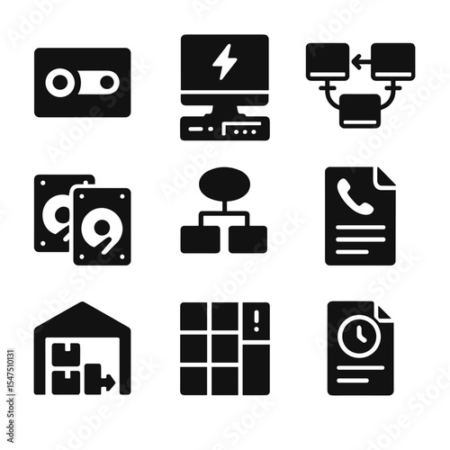 IT Continuity Icons. Solid, filled icons set of IT continuity planning: backup tape, disaster recovery server,