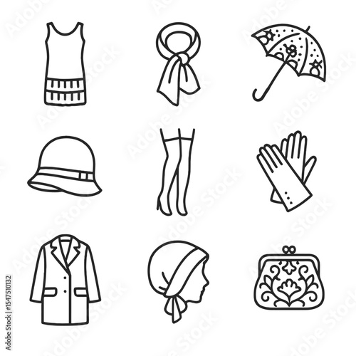 Vintage Fashion Icons. Outline icon set of vintage textiles and fashion: flapper dress, silk scarf, lace parasol, cloche hat,