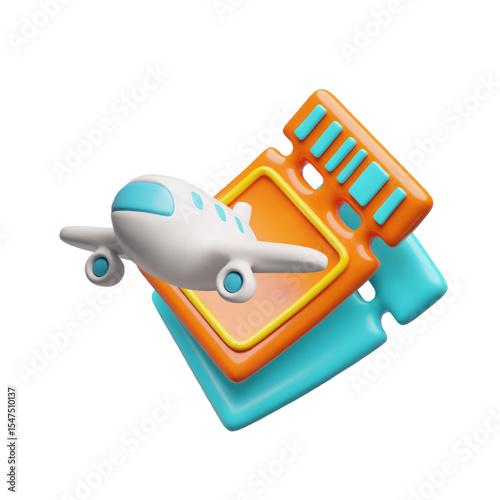 Airplane flight tickets, seat voucher or coupon for air transport passengers 3D vector icon, commercial jet airplane