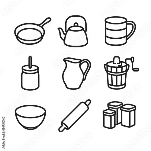 Vintage Kitchenware Icons. Outline icon set of vintage kitchenware: cast-iron skillet, enamel teapot, flour sifter, butter churn,
