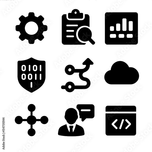 IT Consulting Icons. Solid, filled icons set of IT and digital consulting roles: tech gear, system audit, app