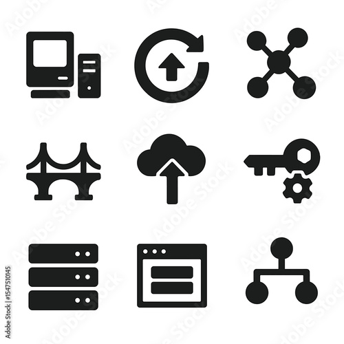 IT Modernization Icons. Solid, filled icons set of IT modernization strategy: legacy system icon, software