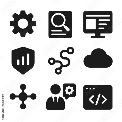 IT Consulting Icons. Solid, filled icons set of IT and digital consulting roles: tech gear, system audit, app