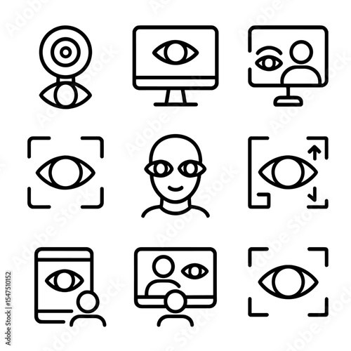 Virtual Eye Icons. Outline icon set of virtual eye contact: webcam gaze, screen look, video call eye line, eye-tracking overlay,