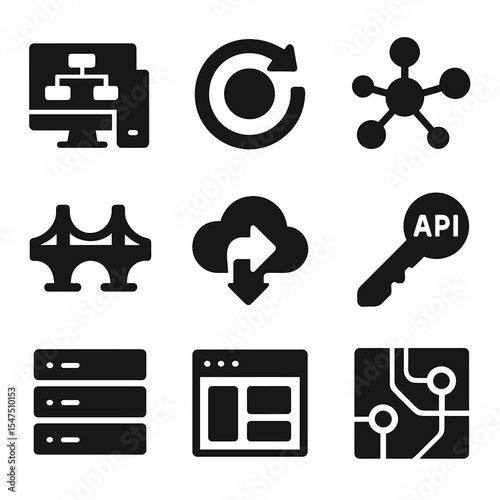 IT Modernization Icons. Solid, filled icons set of IT modernization strategy: legacy system icon, software
