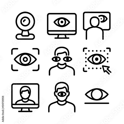 Virtual Eye Icons. Outline icon set of virtual eye contact: webcam gaze, screen look, video call eye line, eye-tracking overlay,