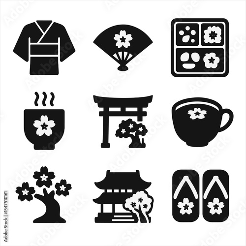 Japanese Cherry Blossom Icons. Solid, filled icons set of Japanese cherry blossom traditions: kimono icon,