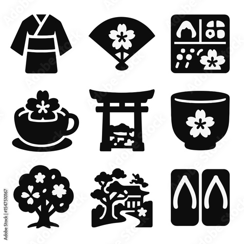 Japanese Cherry Blossom Icons. Solid, filled icons set of Japanese cherry blossom traditions: kimono icon,