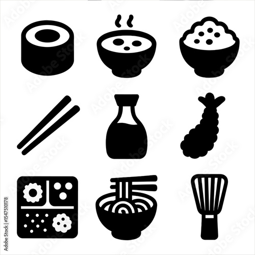 Japanese Cuisine Icons. Solid, filled icons set of Japanese cuisine: sushi roll, miso soup, rice bowl,